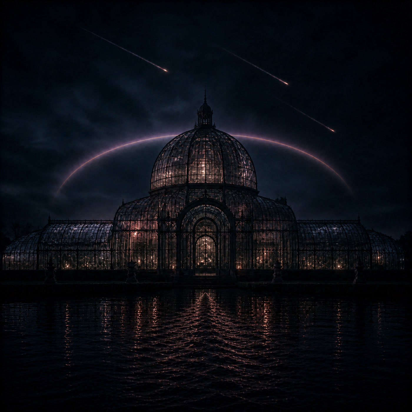 Animal Halo: a glasshouse beneath meteors and a luminous arc in the night sky.