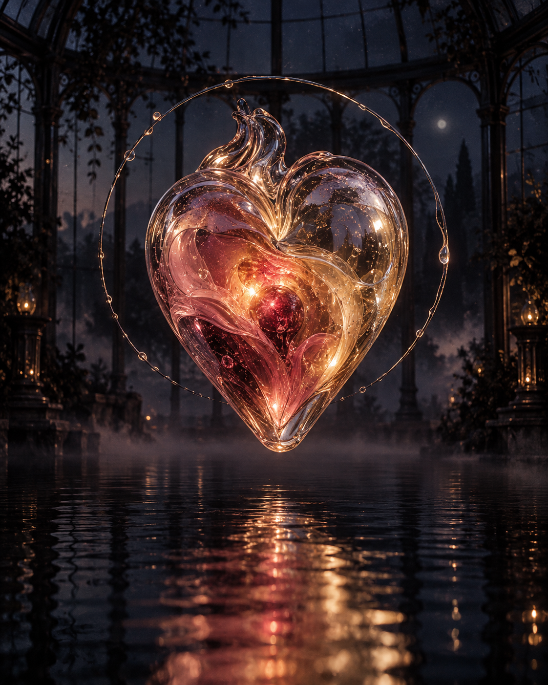 A luminous rose and saffron glass heart suspended inside a dark conservatory above still water.